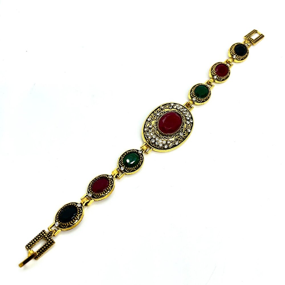 VINTAGE MOGHUL Style BRACELET Gold Tone Red Green Black Cabochon Rhinestones